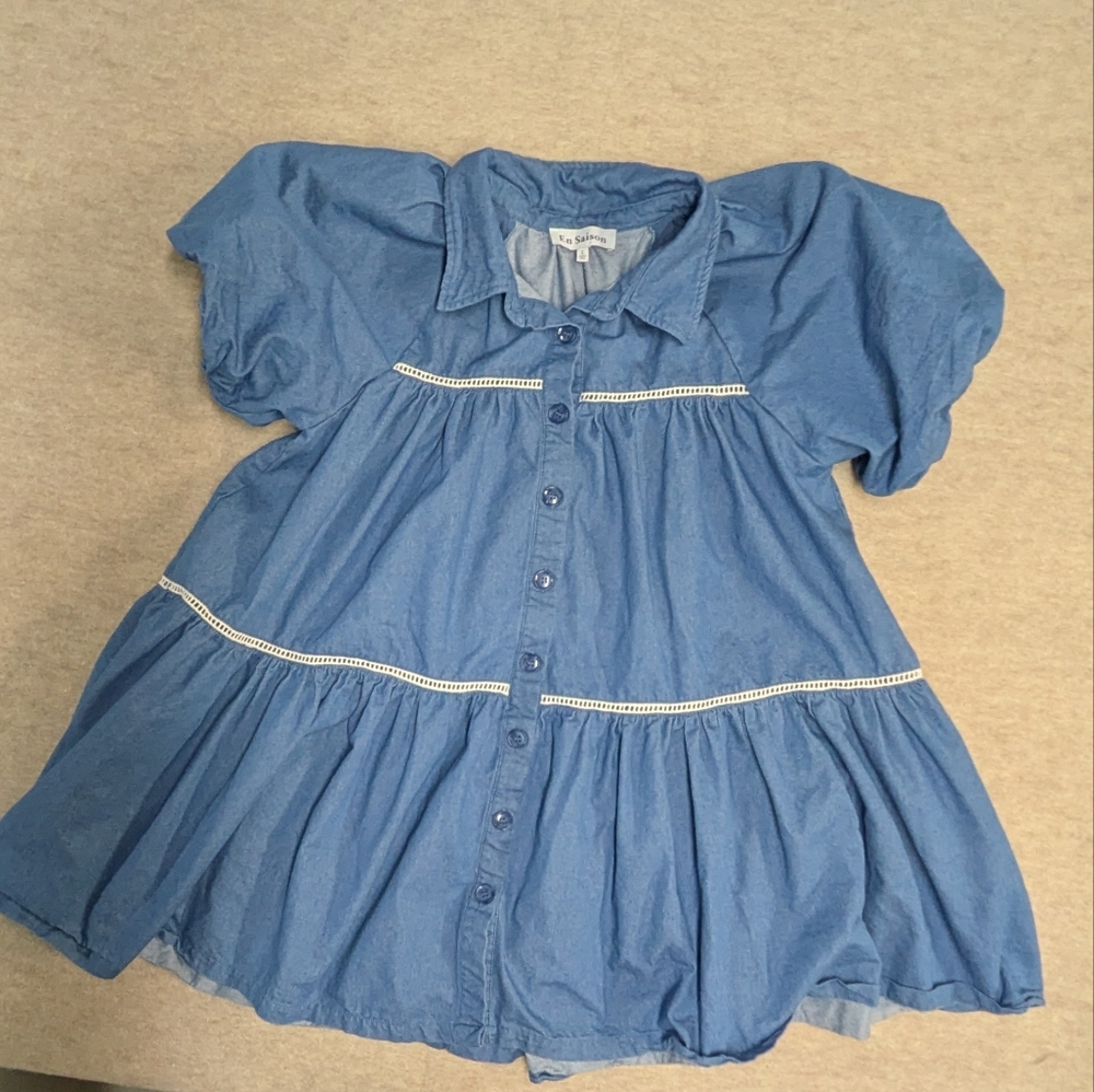 En Saison Tara Tiered Cotton Trapeze Mini Dress Denim Puff Sleeve Size Large - Picture 4 of 11